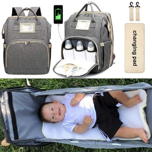 4-in-1 Backpack- Diaper Bag, Crib, Sun Shade, & USB Integration