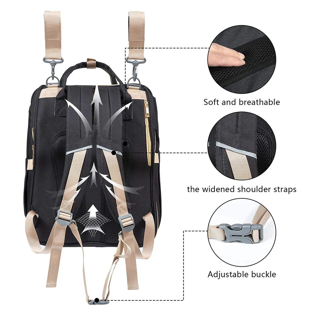 4-in-1 Backpack- Crib, Diaper Bag, Sun Shade & USB Integration