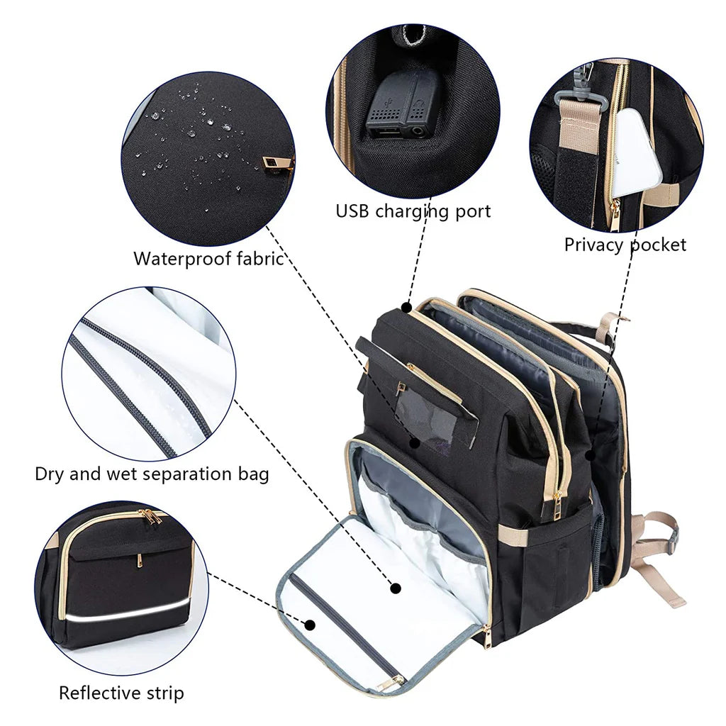 4-in-1 Backpack- Crib, Diaper Bag, Sun Shade & USB Integration