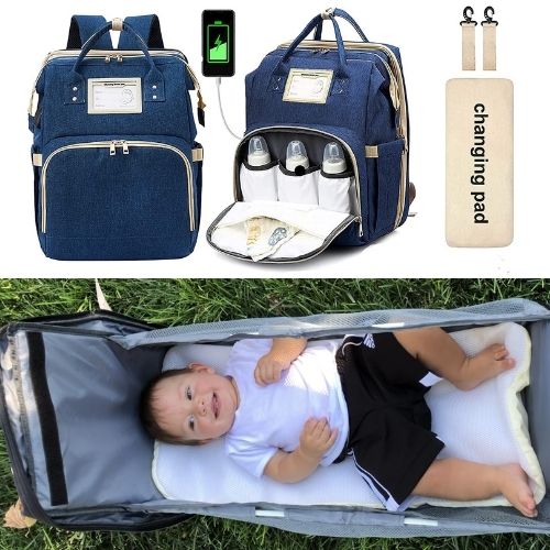 BBXL 2-in-1 Backpack- Crib, Diaper Bag, Sun Shade, & USB Interface