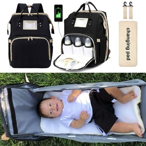 BBXL 2-in-1 Backpack- Crib, Diaper Bag, Sun Shade, & USB Interface