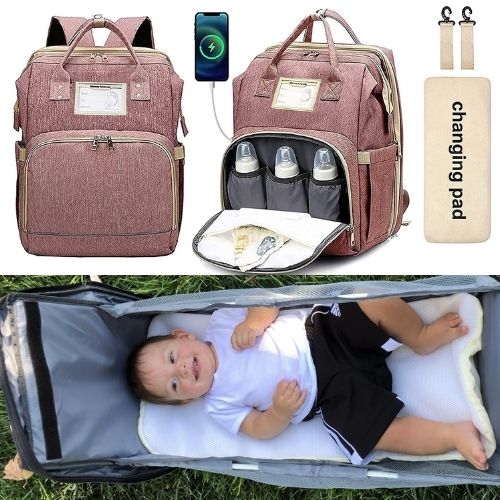 4-in-1 Backpack- Diaper Bag, Crib, Sun Shade, & USB Integration